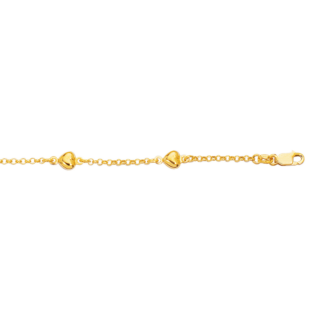 
14k Yellow Gold Shiny Rolo Chain Link Puffed Heart Adjustable Anklet With Lobster Clasp - 10 Inch
