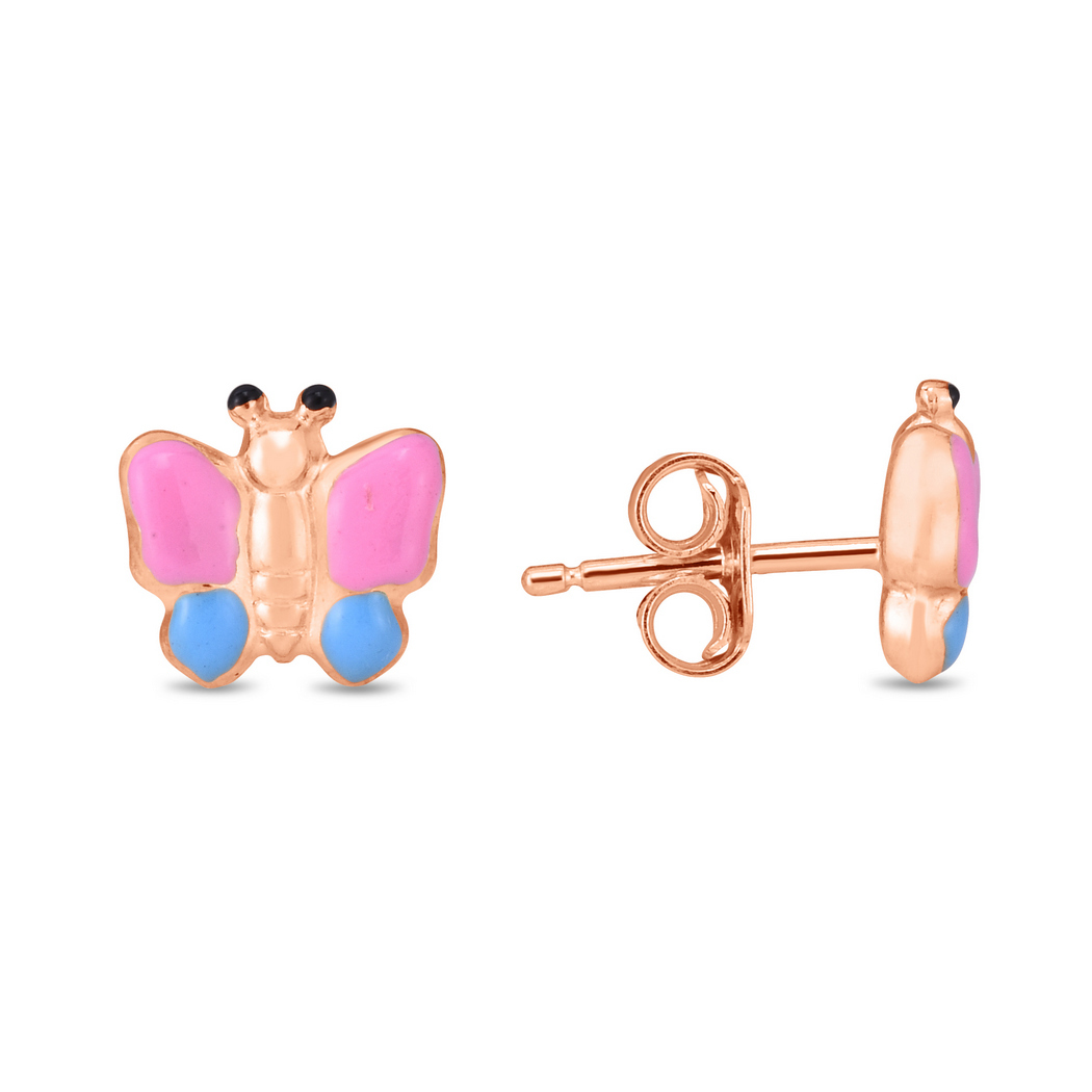 
14k Yellow Gold Shiny Pink Blue Butterfly Post Earrings
