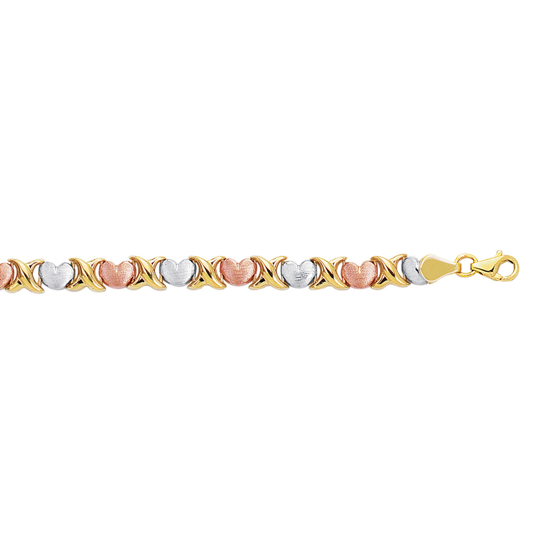 
14k Yellow White Rose Gold Shiny Tri-color Hugs Kisses Bracelet Pear Shape Clasp - 7.25 Inch
