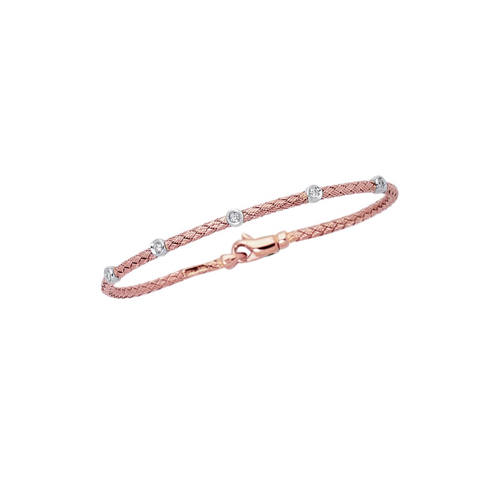 
14k Rose White Gold Round Basket Weaved Bangle Bracelet Lobster Clasp Barrel 0.14ct White Diamond
