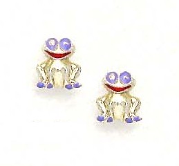 
14k Yellow Purple Enamel Childrens Frog Screw-Back Earrings
