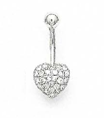 
14k White Gold 1.5 mm Round Cubic Zirconia Pave Heart Belly Ring
