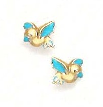 
14k Yellow Gold Blue Enamel Childrens Bird Screw-Back Earrings
