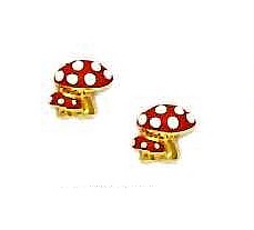 
14k Yellow Gold Red Enamel Childrens Mushroom Screw-Back Earrings
