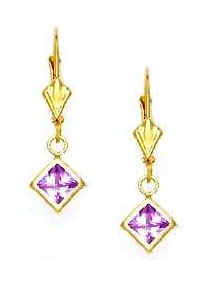 
14k Yellow Gold 5 mm Square Pink Cubic Zirconia Drop Earrings
