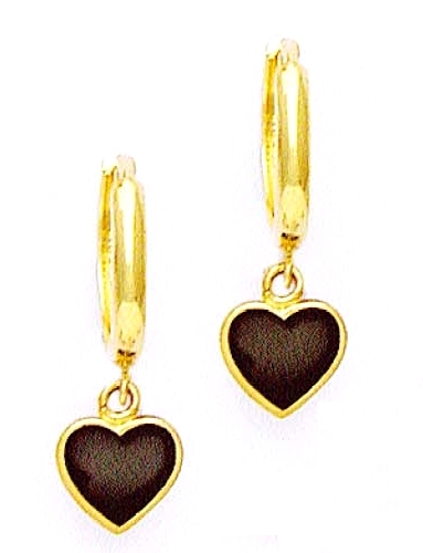 
14k Yellow Black Onyx Heart Design Hinged Earrings
