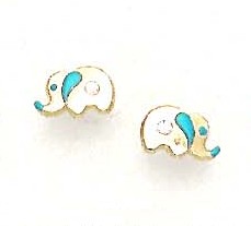 
14k Yellow Gold Cubic Zirconia Blue Enamel Childrens Elephant Earrings
