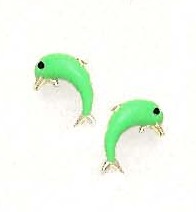 
14k Yellow Gold Green Enamel Childrens Dolphin Earrings
