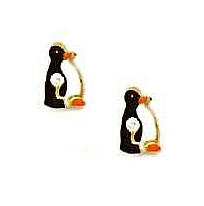 
14k Yellow Gold Black and White Enamel Childrens Penguin Earrings
