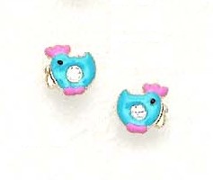 
14k Yellow Cubic Zirconia Blue Enamel Childrens Chicken Earrings
