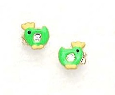 
14k Yellow Cubic Zirconia Green Enamel Childrens Chicken Earrings
