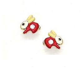 
14k Yellow Gold Cubic Zirconia Red Enamel Childrens Rabbit Earrings
