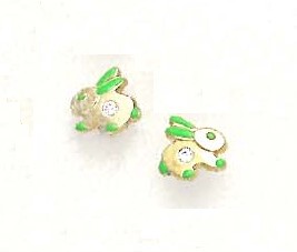 
14k Yellow Gold Cubic Zirconia Green Enamel Childrens Rabbit Earrings
