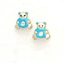 
14k Yellow Gold Cubic Zirconia Blue Enamel Childrens Teddy Bear Earrings
