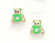 
14k Yellow Gold Cubic Zirconia Green Enamel Childrens Teddy Bear Earrings
