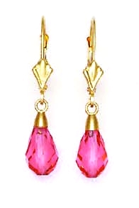 
14k Yellow Gold 9x6 mm Briolette Dark-Rose Crystal Drop Earrings
