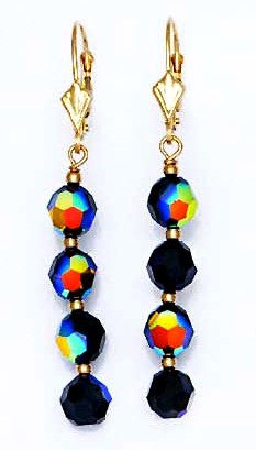 
14k Yellow Gold 6 mm Round Black-Rainbow Crystal Drop Earrings
