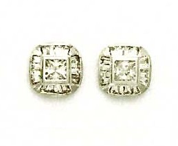 
14k White Gold Princess and Baguette Cubic Zirconia Fancy Earrings
