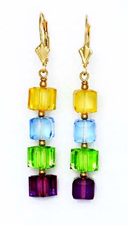 
14k Yellow Gold 6 mm Cube Yellow Blue Green and Purple Crystal Earrings
