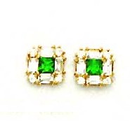 
14k Princess Round and Baguette Clear and Green Cubic Zirconia Earrings
