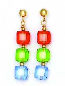 
14k Yellow Gold 6 mm Cube Red Green and Blue Crystal Earrings
