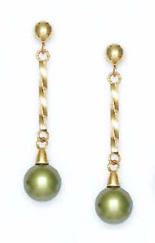 
14k Yellow 7 mm Round Light-Green Crystal Pearl Earrings
