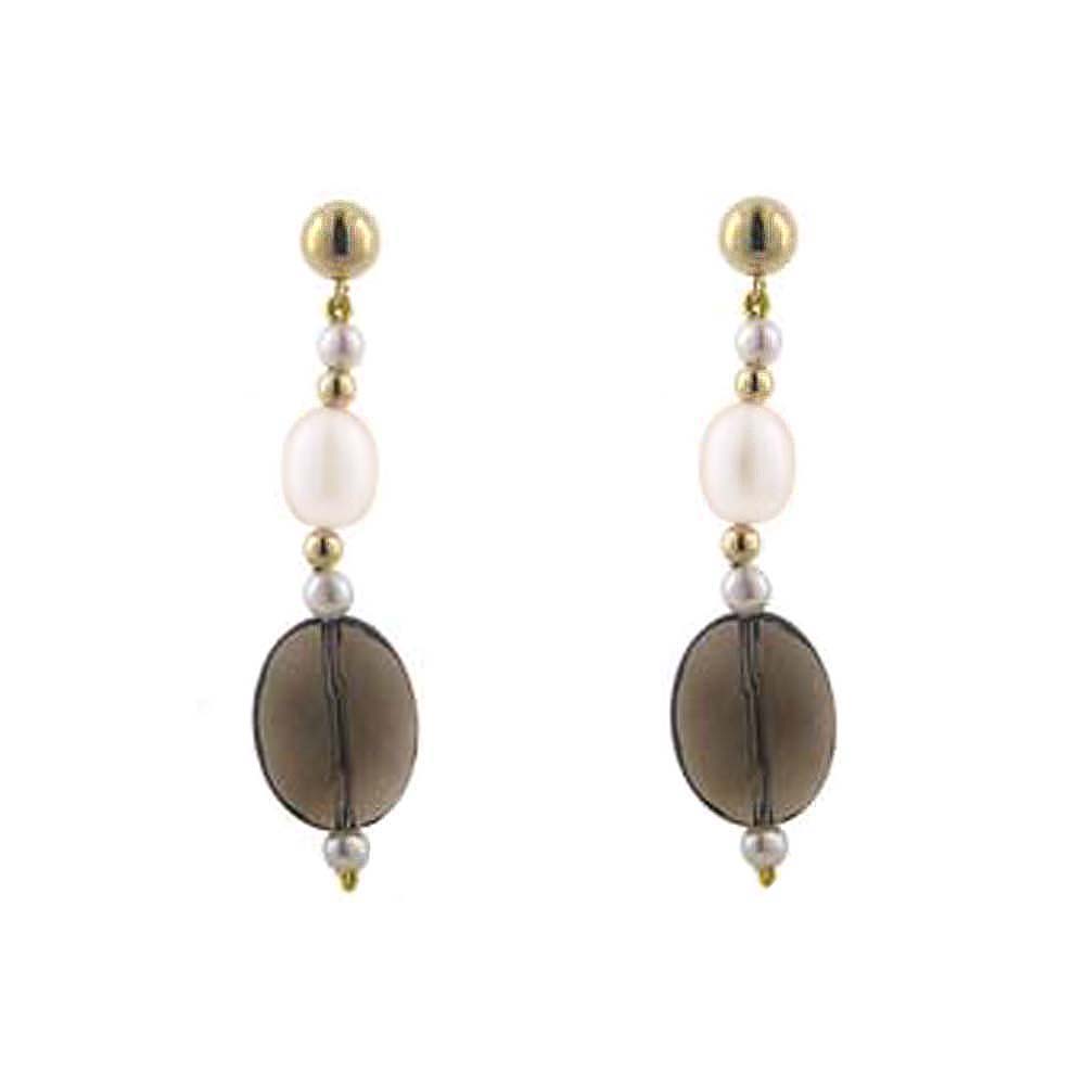 
14k Yellow Smokey Quartz Freshwater White Pearl Earrings
