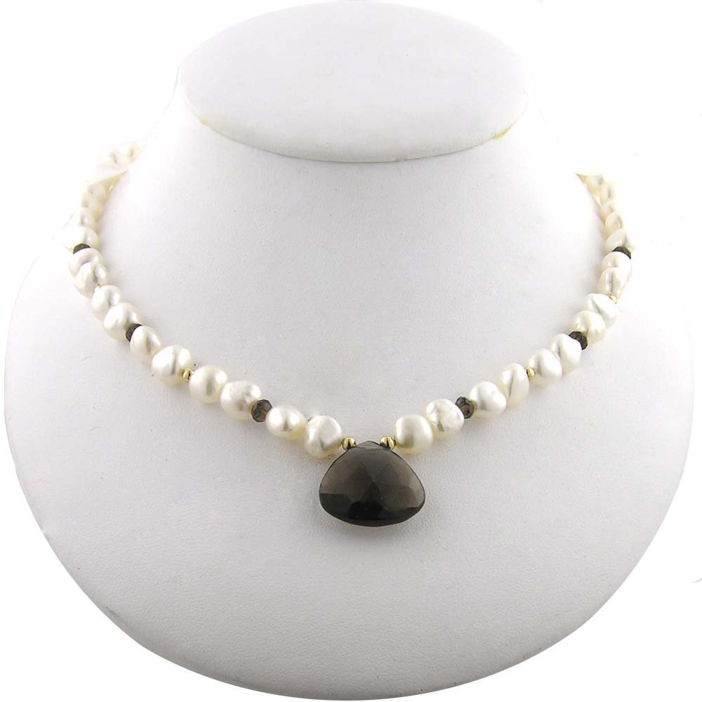 
14k Yellow Smokey Quartz Freshwater White Pearl Necklace
