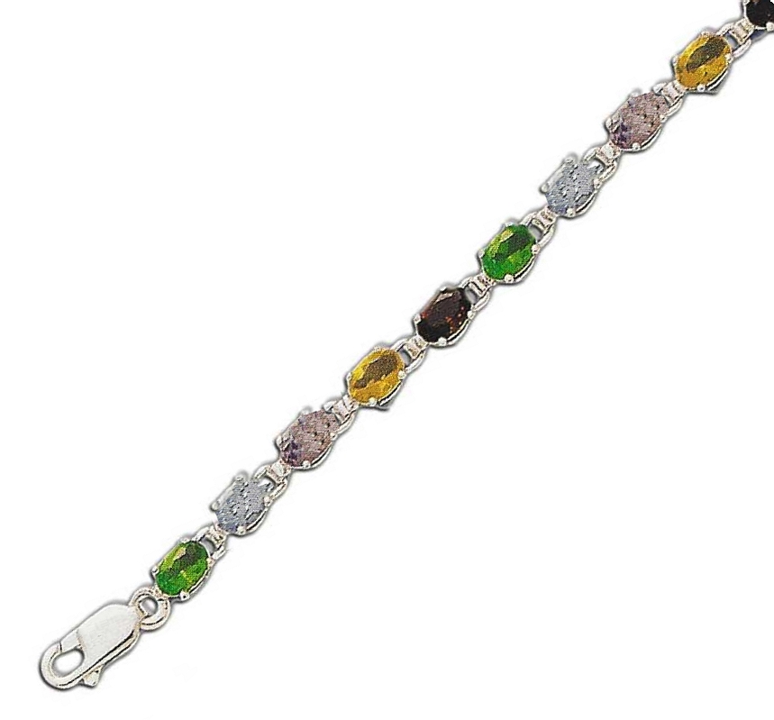 
Traditional Multi-Gem Oval 6x4 mm Cubic Zirconia Silver Bracelet
