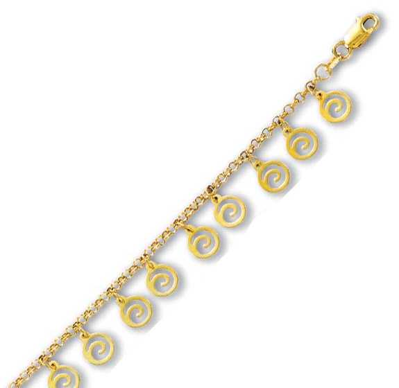 
14k Yellow Drop Swirls Station Anklet - 10 Inch
