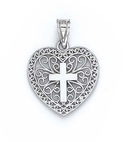 
14k White Gold Filigree Heart Cross Pendant
