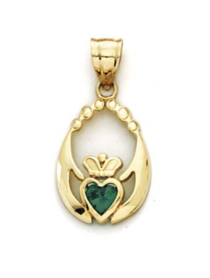 
14k Yellow Gold Claddagh Green Cubic Zirconia Pendant
