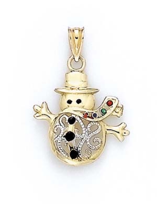 
14k Two-Tone Gold Enamel Filigree Snowman Pendant
