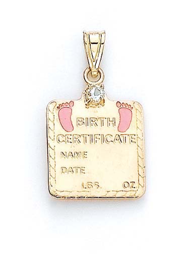 
14k Yellow Gold White Topaz Baby Girl Birth Certificate Pendant
