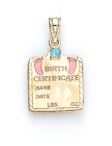 
14k Yellow Gold Blue Topaz Baby Girl Birth Certificate Pendant
