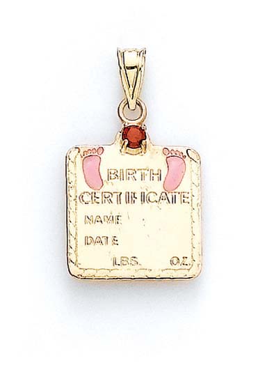 
14k Yellow Gold Garnet Baby Girl Birth Certificate Pendant 1 1/16 Inch
