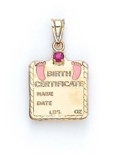 
14k Yellow Gold 3mm Ruby Baby Girl Birth Certificate Pendant 1 1/16 Inch
