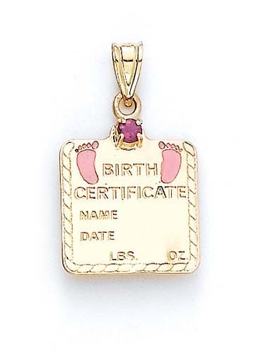 
14k Yellow Gold Rhodolite Baby Girl Birth Certificate Pendant 1 1/16Inch
