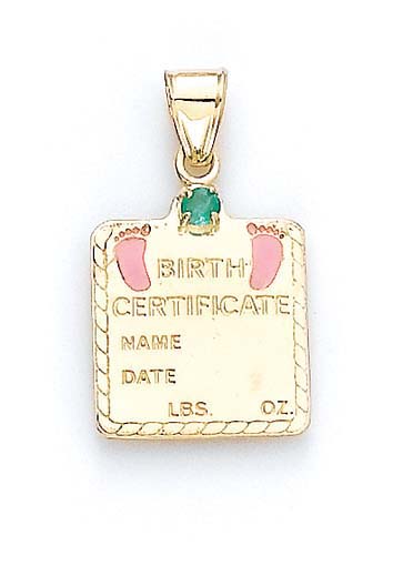 
14k Yellow Gold Emerald Baby Girl Birth Certificate Pendant 1 1/16 Inch
