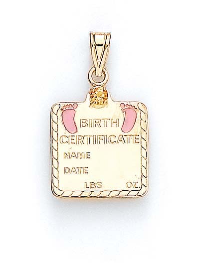 
14k Yellow Gold Citrine Baby Girl Birth Certificate Pendant 1 1/16 Inch
