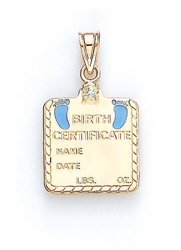 
14k Yellow Gold White Topaz Baby Boy Birth Certificate Pendant
