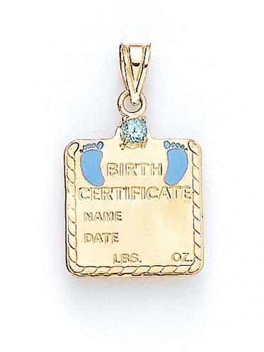 
14k Yellow Gold Blue Topaz Baby Boy Birth Certificate Pendant 1 1/16Inch
