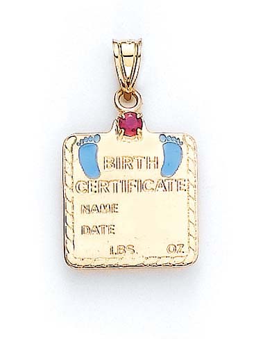 
14k Yellow Gold 3mm Ruby Baby Boy Birth Certificate Pendant 1 1/16 Inch
