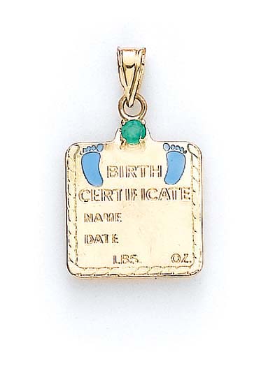 
14k Yellow Gold Emerald Baby Boy Birth Certificate Pendant 1 1/16 Inch
