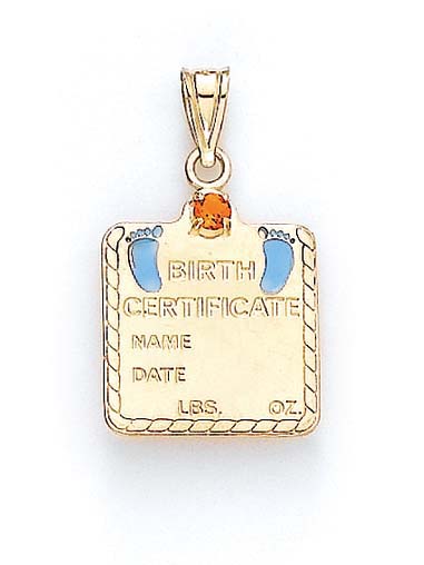 
14k Yellow Gold Citrine Baby Boy Birth Certificate Pendant 1 1/16 Inch
