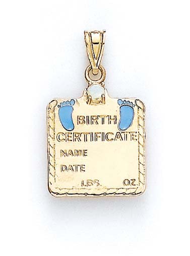 
14k Yellow Gold Pink Tourmaline Baby Boy Birth Certificate Pendant
