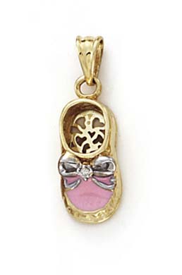 
14k Yellow Gold Diamond Pink Enamel Baby Shoe Pendant
