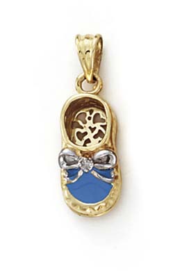 
14k Yellow Gold Diamond Blue Enamel Baby Shoe Pendant
