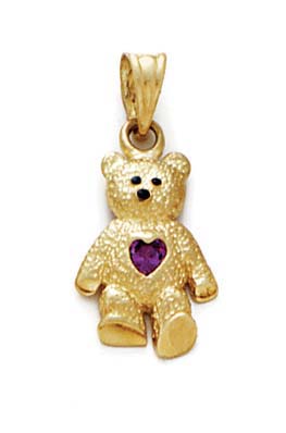 
14k Yellow Gold Teddy Bear February Birthstone Pendant 15/16 Inch long
