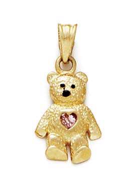 
14k Yellow Gold Teddy Bear October Birthstone Pendant 15/16 Inch long
